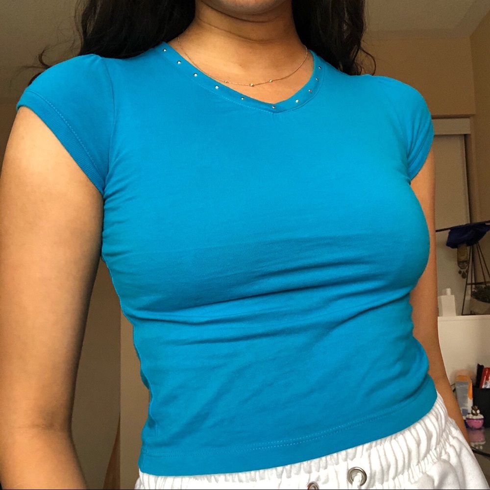 Bright blue gem v neck baby t